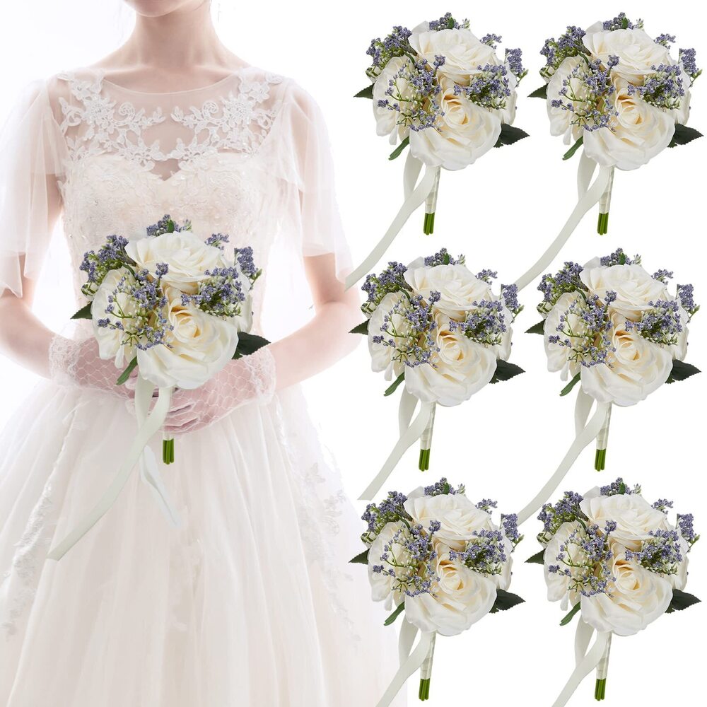 1117 6.5 Inch Ivory Bridesmaid Bouquet, Set of 6, Purple Wedding Bouquets